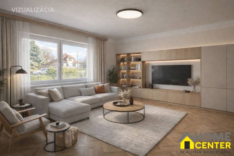 Obývací pokoj v rodinném domě s pohodlnou sedací soupravou a podlahou s dřevěným dekorem.