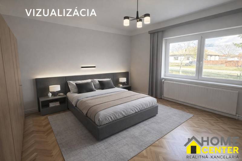 Ložnice v rodinném domě s kobercovým dekorem a postelí, velké okno s výhledem.