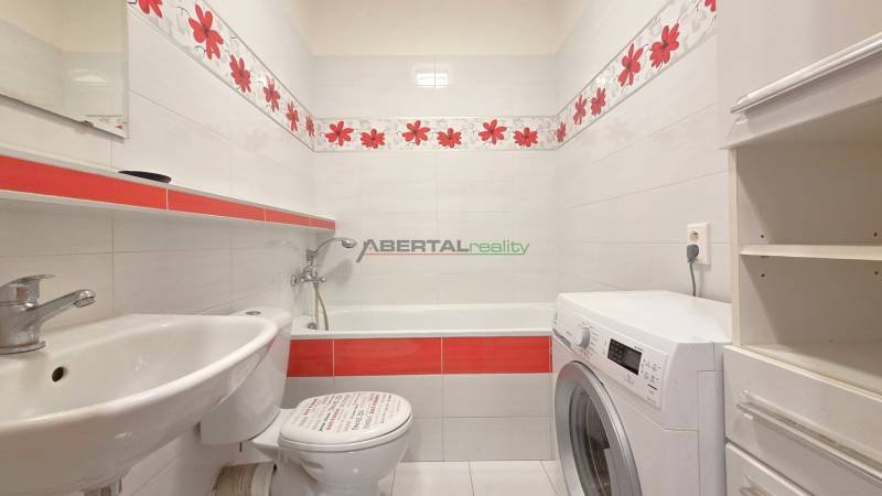 Koupelna s vanou, umyvadlem a pračkou v dvougarsonce.