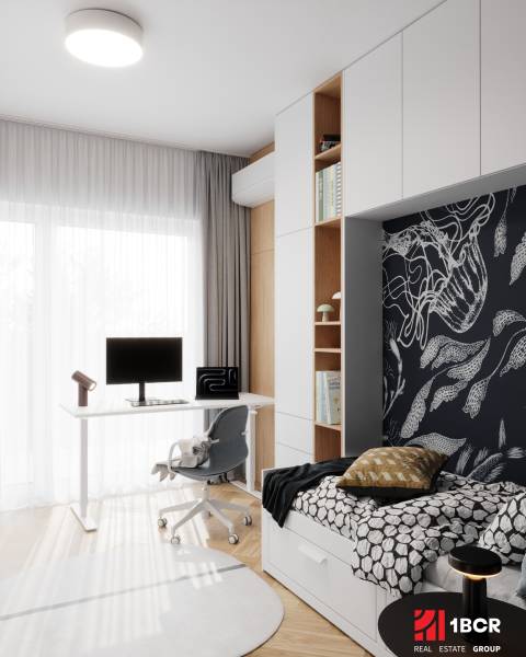 Dětský pokoj ve 4-pokojovém bytě s pracovním koutkem a podlahou s dřevěným dekorem.