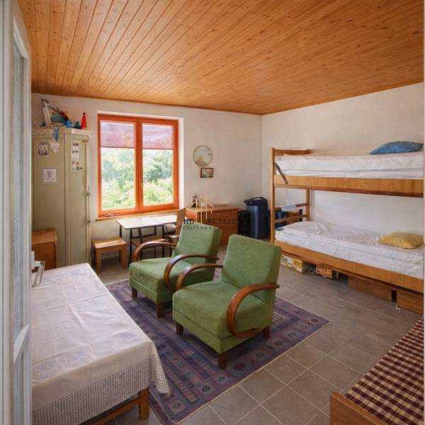 Pokoj v chatě s palandami, zelenými křesly a velkým oknem.