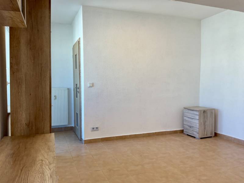 Bílý interiér 1-pokojového bytu s dlažbou a dřevěným dekorem.