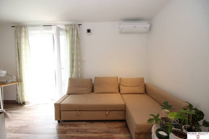 Světlo z okna v 1-pokojovém bytě s pohovkou, pracovním stolem a podlahou s dřevěným dekorem.