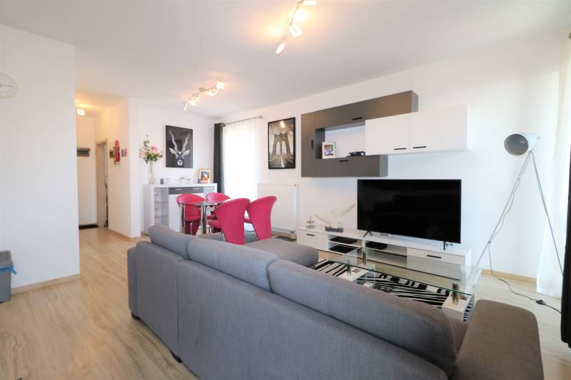 Obývací pokoj v 2-pokojovém bytě s šedou sedačkou, podlahou s dřevěným dekorem a televizorem.