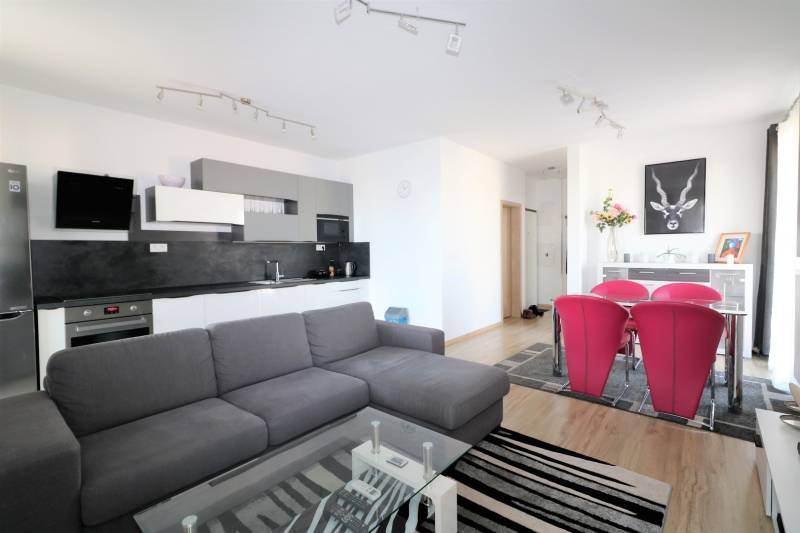 Obývací pokoj s kuchyňským koutem, šedou sedačkou, skleněným stolem a červenými židlemi.