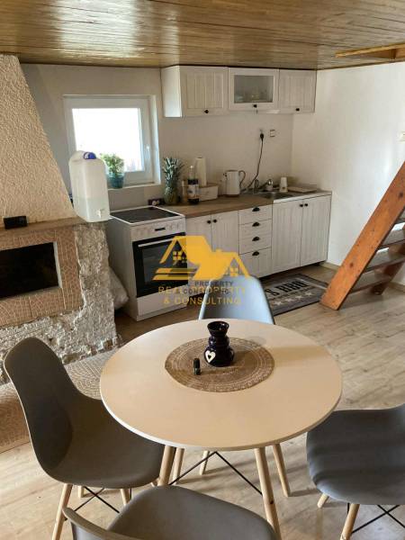 Interiér chaty se stolem, čtyřmi židlemi a kuchyňským koutem s podlahou s dřevěným dekorem.