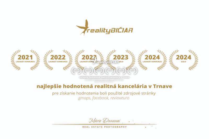 Ocenění pro realitní kancelář RealityBičiar za roky 2021 až 2024 v Trnavě.