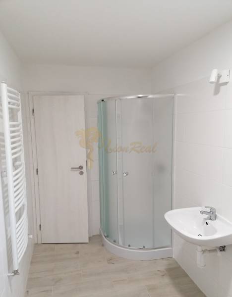 Koupelna s toaletou, sprchovým koutem a podlahou s dřevěným dekorem v rodinném domě.