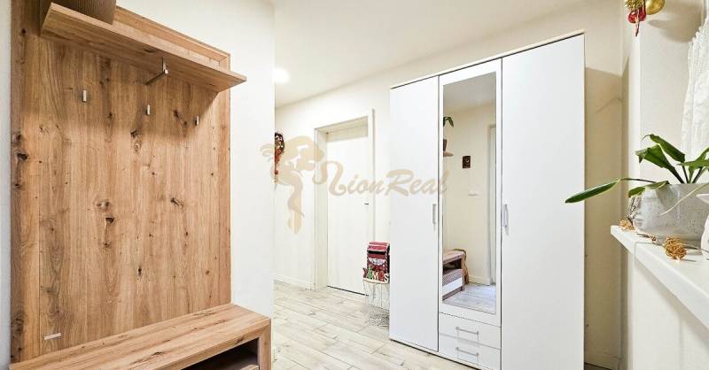 Předsíň v rodinném domě se skříní, věšákem a podlahou s dřevěným dekorem.