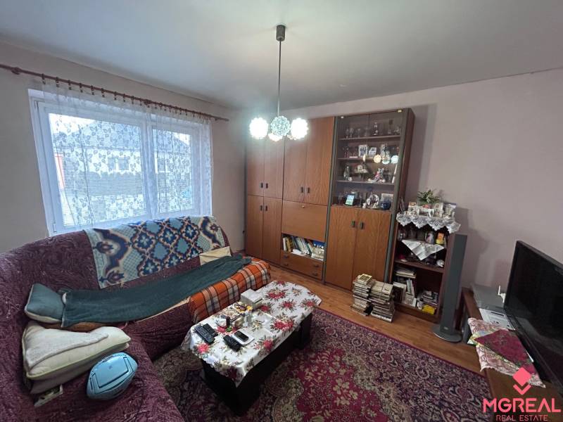 Obývací pokoj v rodinném domě s dekorativním kobercem a pohovkou.