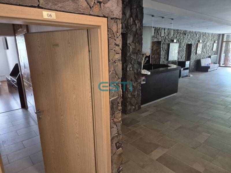 Kamenné stěny a dřevěné dveře vedoucí do kanceláře v 1-pokojovém bytě.