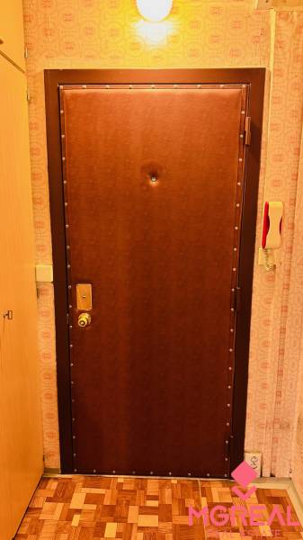 Vstupní dveře do 2pokojového bytu s dřevěným dekorem na podlaze.