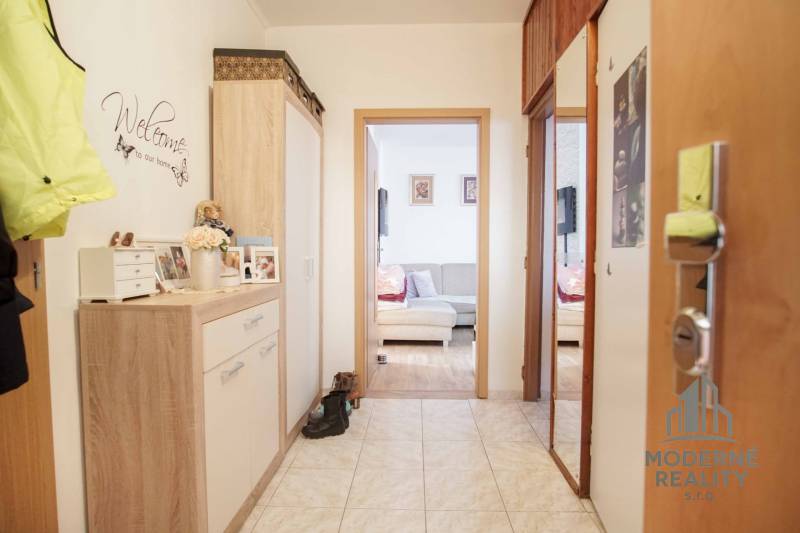 Chodba v 3-pokojovém bytě s dlažbou a útulným nábytkem v dřevěném dekoru.