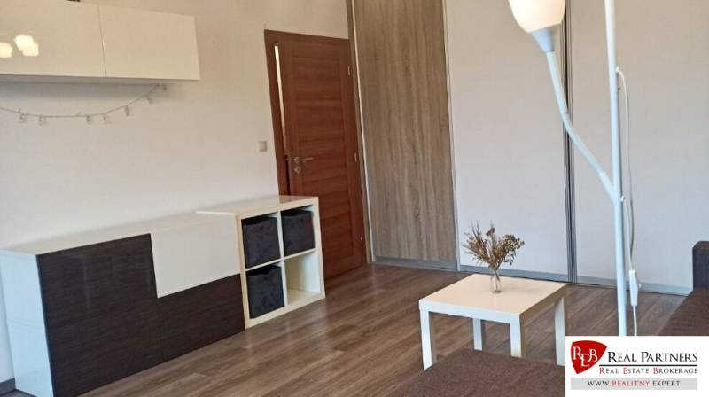 Obývací pokoj v 2-pokojovém bytě s podlahou s dřevěným dekorem a moderním nábytkem.