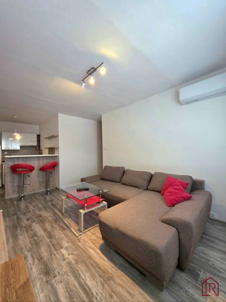 Obývací pokoj dvoupokojového bytu s tmavým nábytkem a podlahou s dřevěným dekorem.