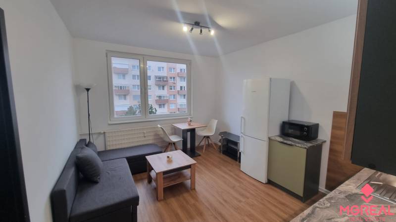 Obývací pokoj jednopokojového bytu s pohovkou, stolem a podlahou s dřevěným dekorem.