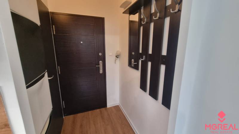 Předsíň s podlahou s dřevěným dekorem a tmavým nábytkem, 1-pokojový byt.