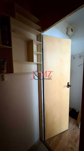 Otevřené dveře, stěna s policemi, háčky. Garsonka s podlahou s dřevěným dekorem.