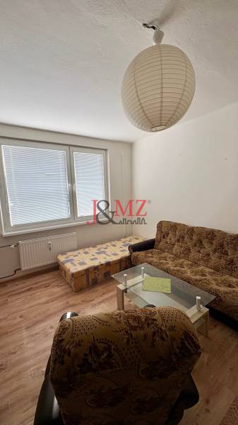 Garsonka obsahuje pohovku, křeslo, konferenční stolek, podlahu s dřevěným dekorem a velké okno.