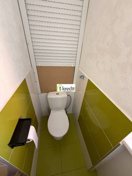 Koupelna v 2-pokojovém bytě se zelenými dlaždicemi a toaletou.