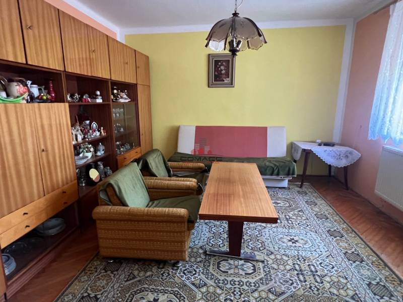 Obývací pokoj v rodinném domě s retro nábytkem, zelenými křesly a velkým kobercem.