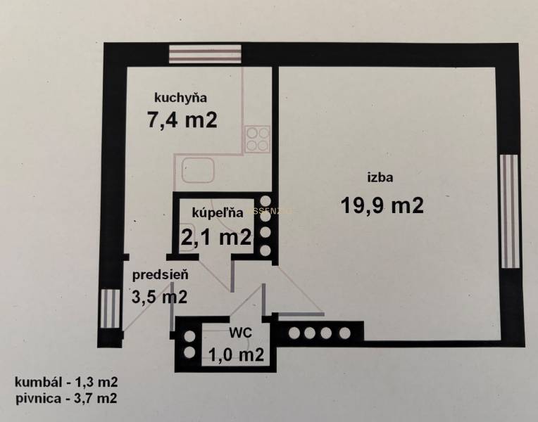 Půdorys 1-pokojového bytu s kuchyní, koupelnou, WC a předsíní.
