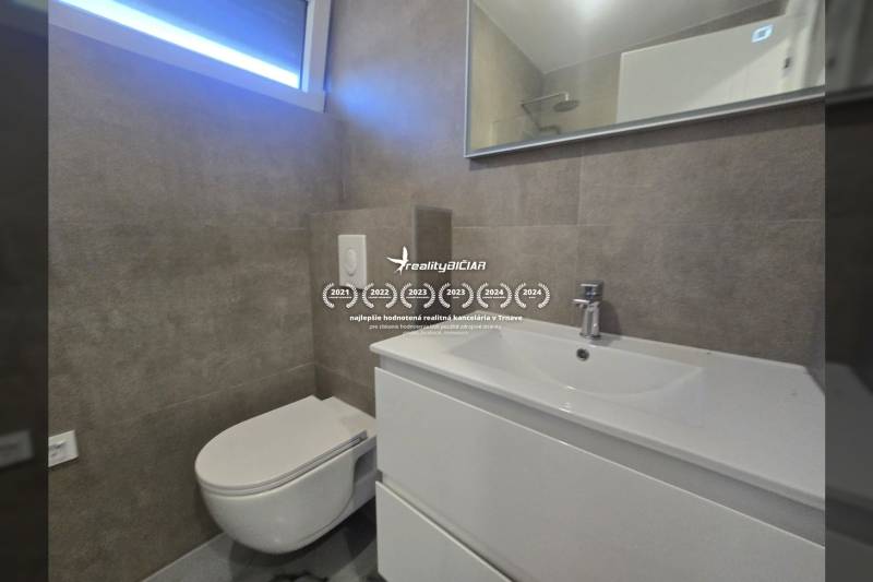 Koupelna ve vile s umyvadlem, závěsnou toaletou a velkým zrcadlem.