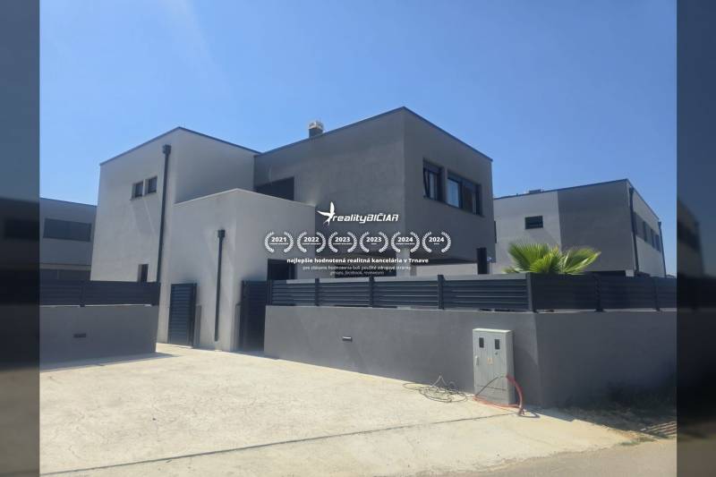 Vila v ulici Zukve ve Vrsi s moderní architekturou a palmou na dvoře.