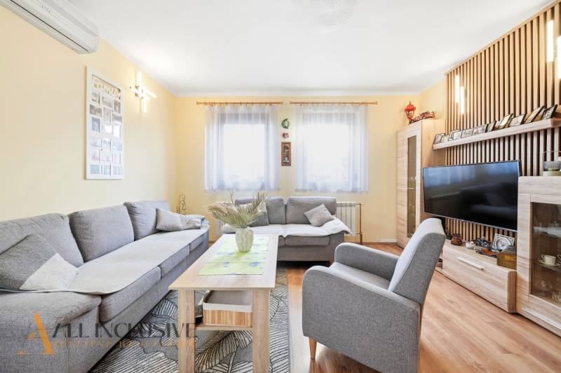 Obývací pokoj v rodinném domě s pohodlnou šedou sedačkou a podlahou s dřevěným dekorem.