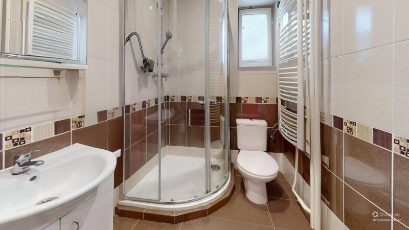 Koupelna se sprchovým koutem, umyvadlem a toaletou v rodinném domě.