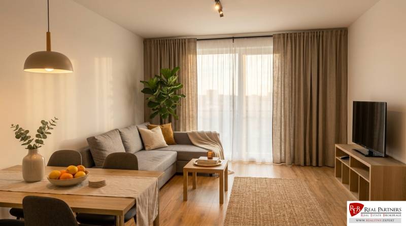 Obývací pokoj v dvoupokojovém bytě s podlahou s dřevěným dekorem.