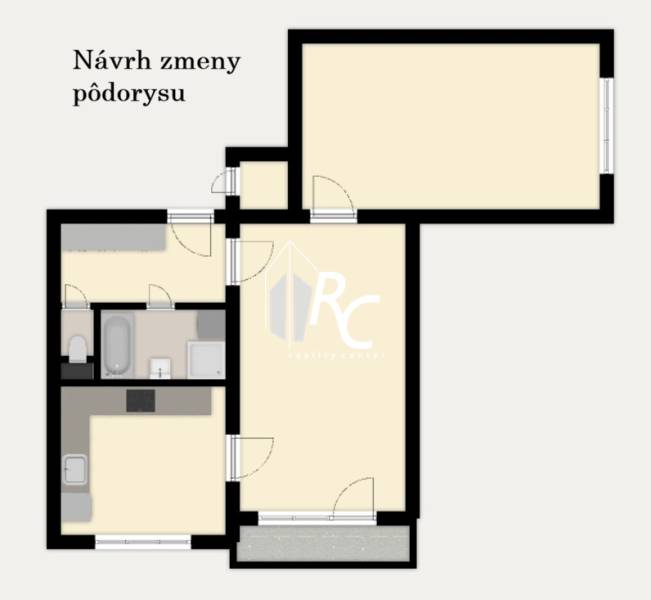 Návrh změny půdorysu pro 2-pokojový byt se zvýrazněnou koupelnou a kuchyní.