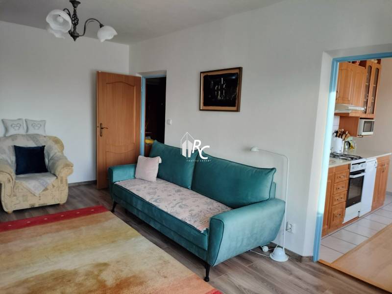 Obývací pokoj v 2pokojovém bytě s pohovkou a křeslem, podlaha s dřevěným dekorem.