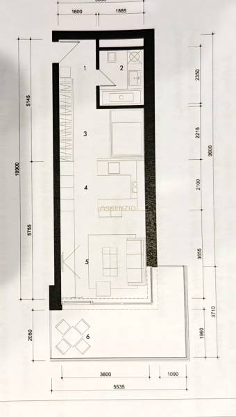 Půdorys 1-pokojového bytu s kuchyní, koupelnou, terasou a obývacím prostorem.