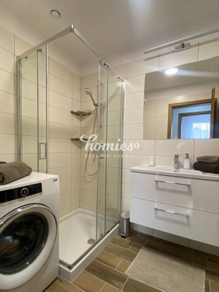 Koupelna v 2-pokojovém bytě s pračkou, sprchovým koutem a podlahou s dřevěným dekorem.