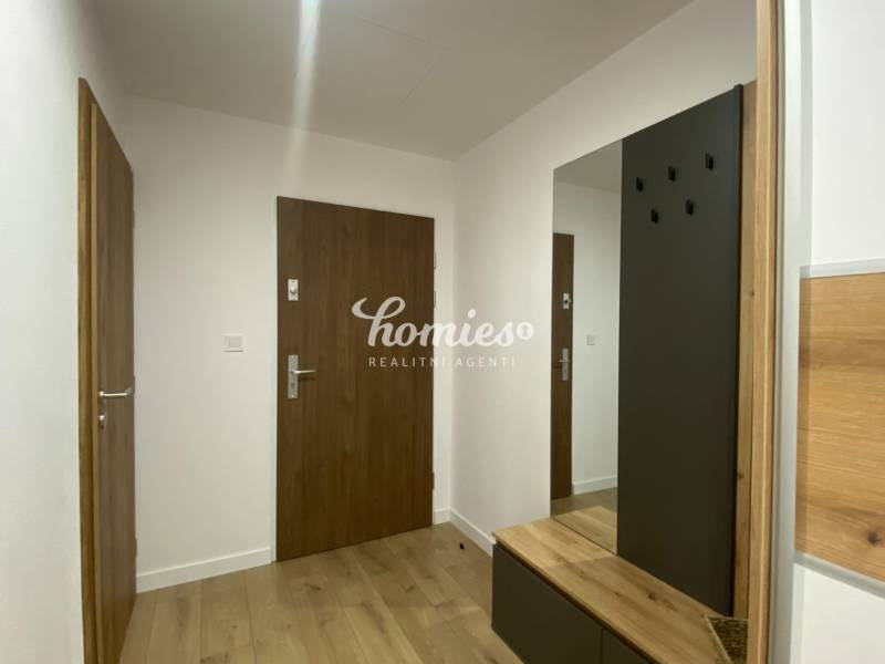 Chodba 2-pokojového bytu s podlahou s dřevěným dekorem a vestavěnou skříní.