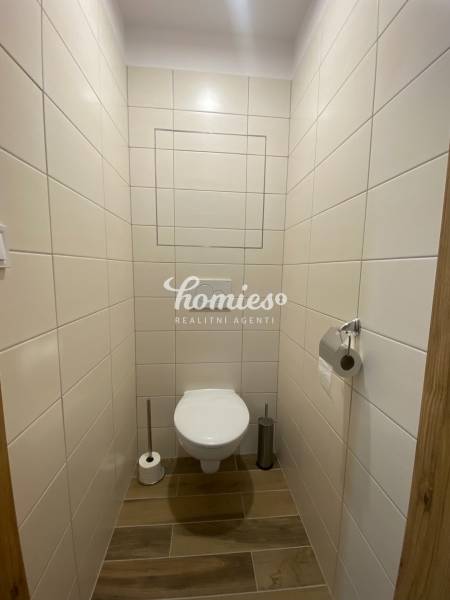 Toaleta s obklady a podlahou s dřevěným dekorem v 2-pokojovém bytě.