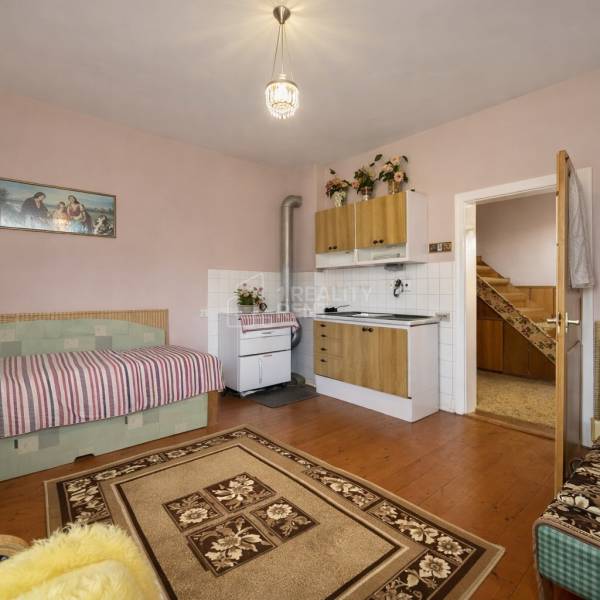 Pokoj s kuchyňskou linkou, pohovkou, sporákem a podlahou s dřevěným dekorem v rodinném domě.