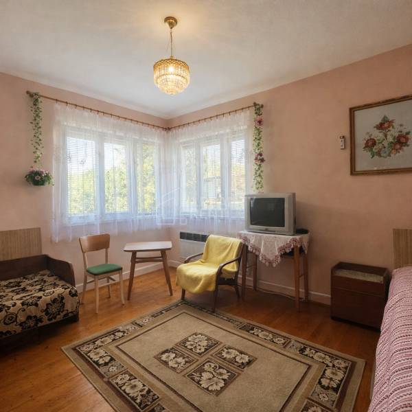 Obývací pokoj v rodinném domě s kobercem, televizorem a podlahou s dřevěným dekorem.