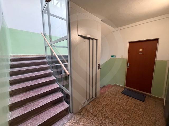 V bytovém domě se nacházejí schody, výtah a dveře 3pokojového bytu.
