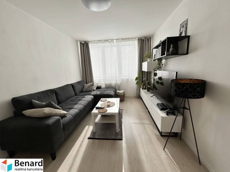 Obývací pokoj s pohovkou, televizorem a podlahou s dřevěným dekorem v 2pokojovém bytě.