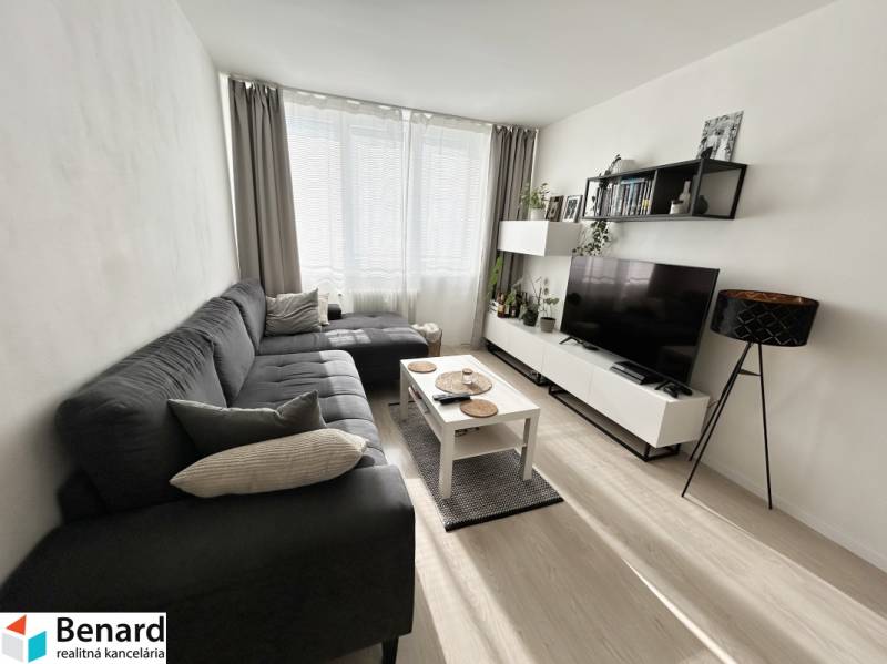 Obývací pokoj v 2-pokojovém bytě s podlahou s dřevěným dekorem a sedačkou.