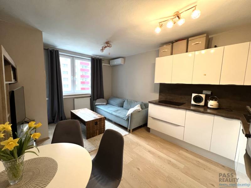 Kuchyně a obývací pokoj v 2pokojovém bytě s podlahou s dřevěným dekorem.