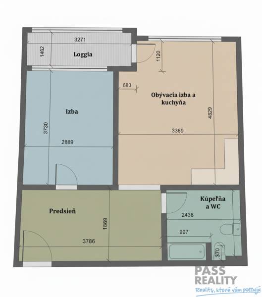 Půdorys 2-pokojového bytu s lodžií, předsíní, obývacím pokojem, koupelnou a ložnicí.