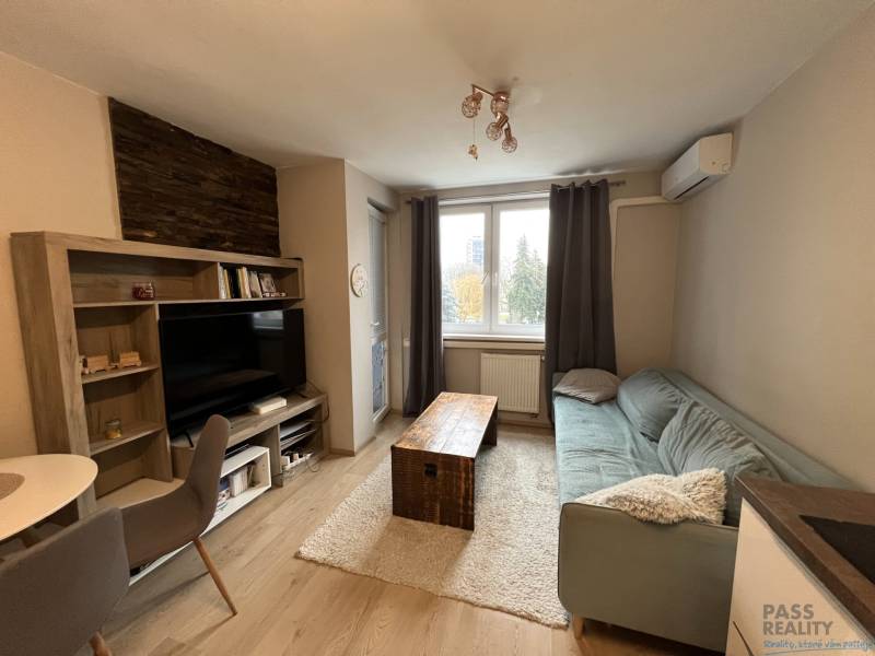 Obývací pokoj s podlahou s dřevěným dekorem, pohovkou a televizí v 2pokojovém bytě.