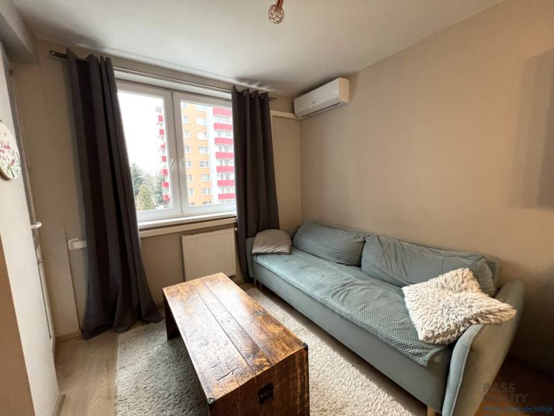 Obývací pokoj v 2pokojovém bytě s podlahou s dřevěným dekorem a pohovkou.