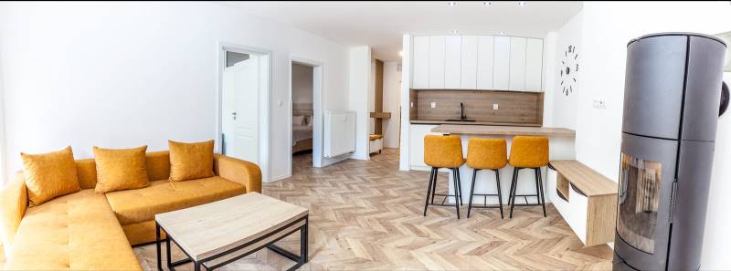 Rekreační apartmán s pohovkou, kuchyňským pultem a podlahou s dřevěným dekorem.