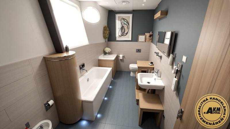 Koupelna v rodinném domě s umyvadlem, vanou a WC. Podlaha s dřevěným dekorem.