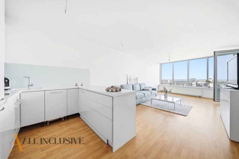 Světlá kuchyně s obývacím pokojem, podlaha s dřevěným dekorem, pohovka, velká okna.