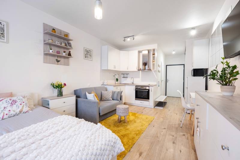 Světlý interiér 1-pokojového bytu s kuchyní, postelí a podlahou s dřevěným dekorem.